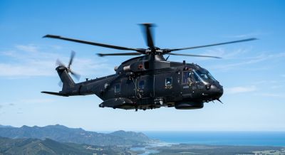 A sleek helicopter in flight